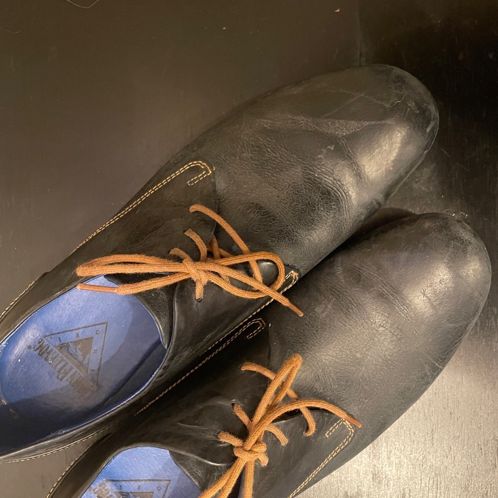 John Fluevog Black and Brown Radio CBC Oxfords Classic Lace-Up Design